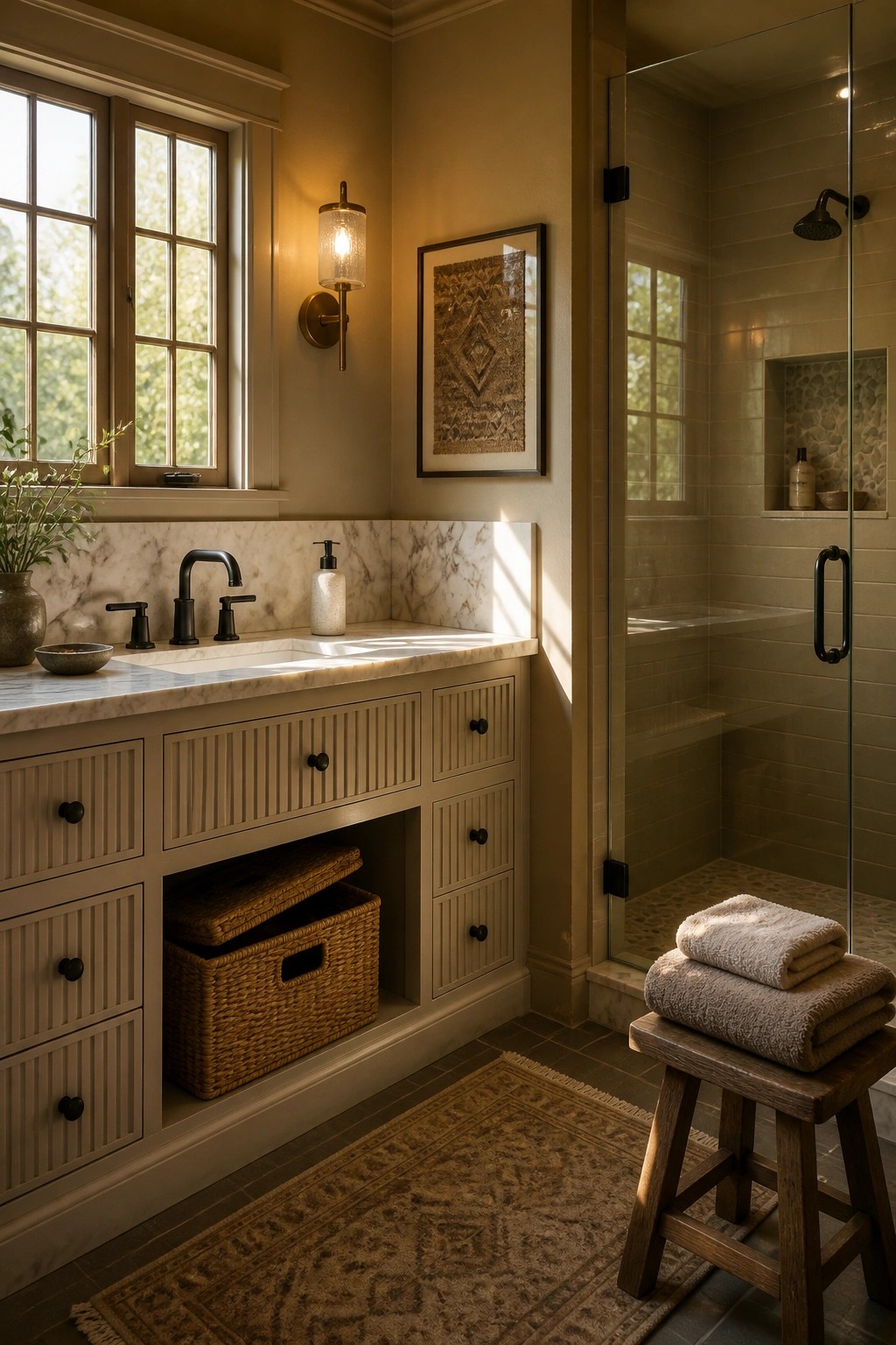 Warm beige walls in a bathroom with a marble vanity and wood cabinetry.