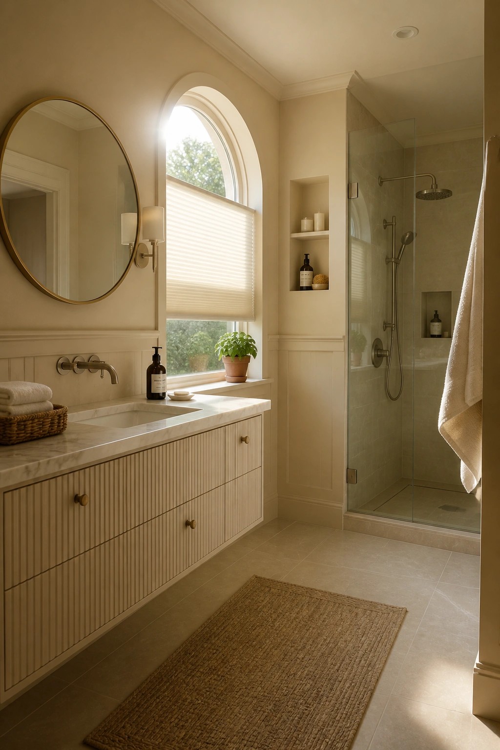 Bathroom walls painted a soft warm beige with white wainscoting and a marble vanity.