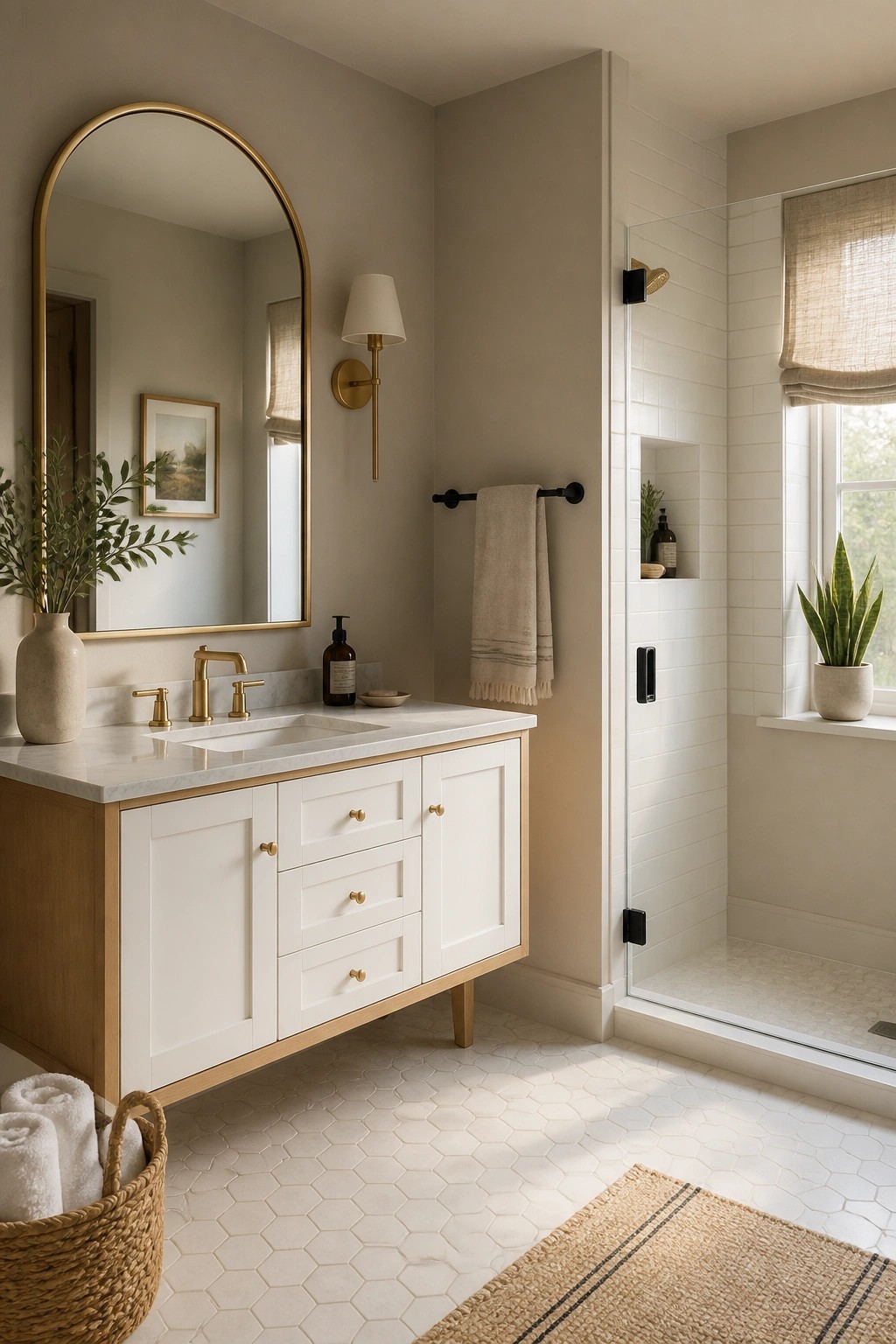 A bathroom with warm beige walls and a white vanity.