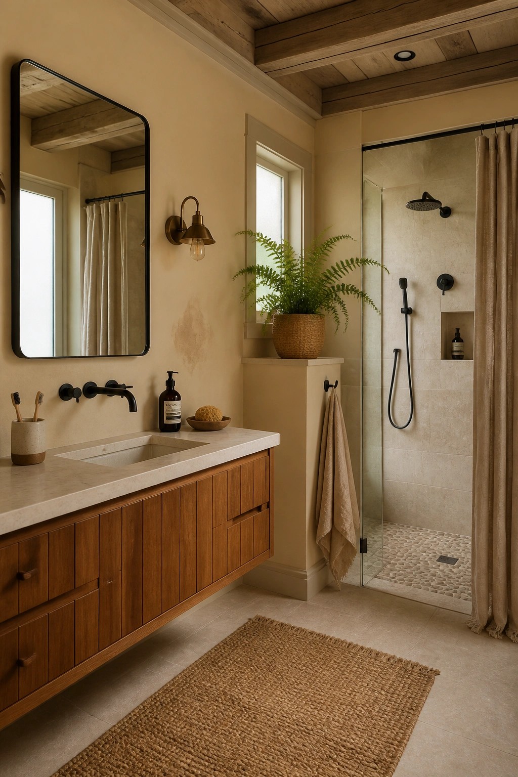 A bathroom with warm beige walls, a wood vanity, and a glass shower.