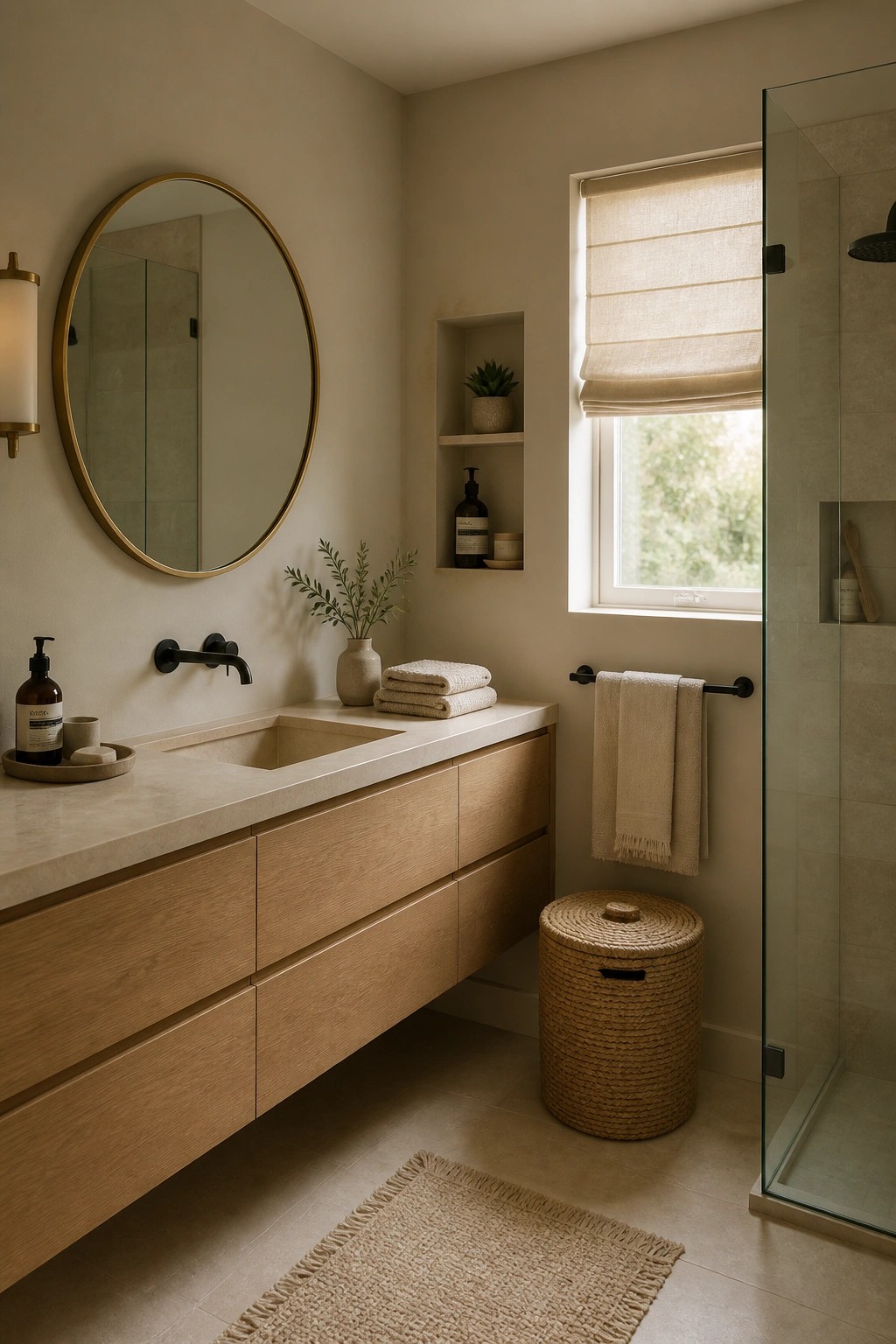 A bathroom with warm beige walls and a light wood vanity.