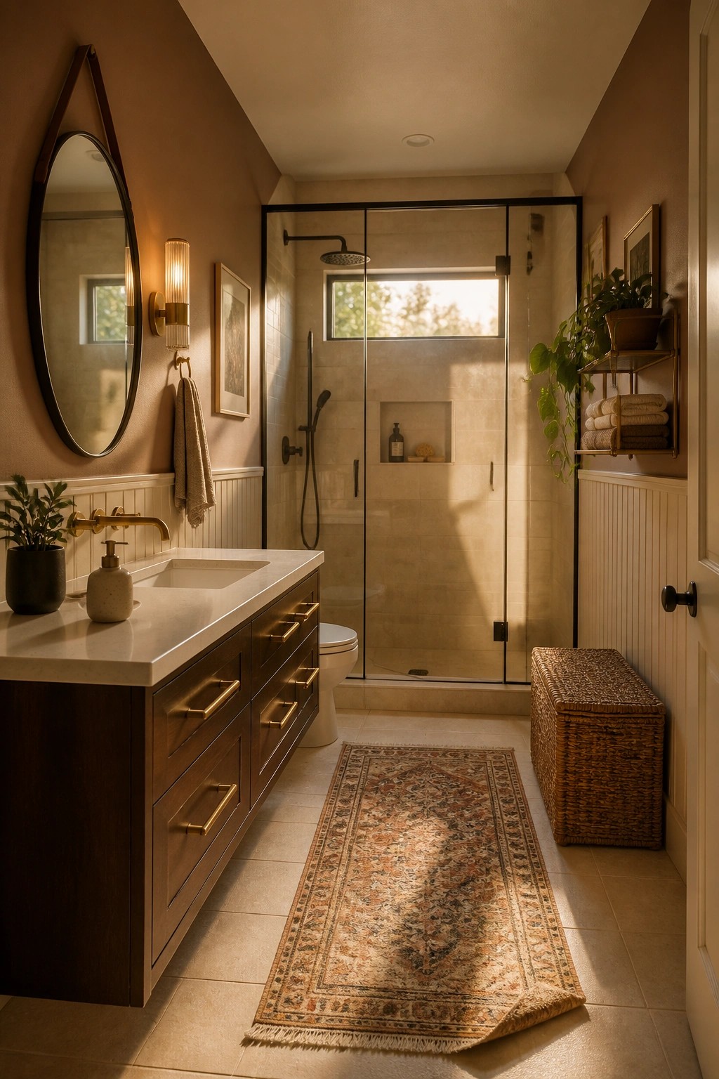 A bathroom with warm clay walls and a dark wood vanity.