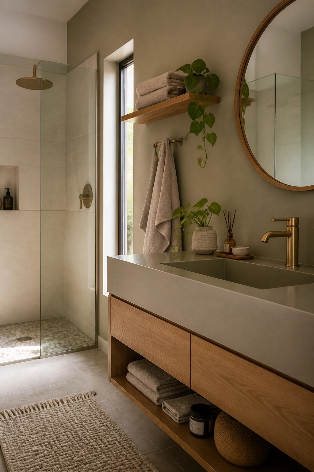 Bathroom walls painted in a soft warm greige with wood vanity and stone sink.