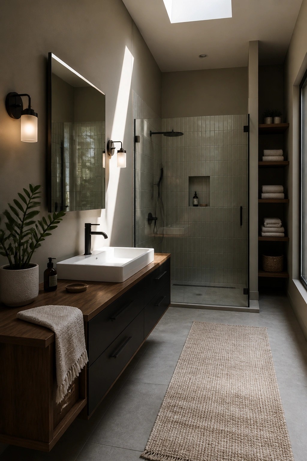 Bathroom with warm greige walls, a wood vanity, and a glass shower enclosure.