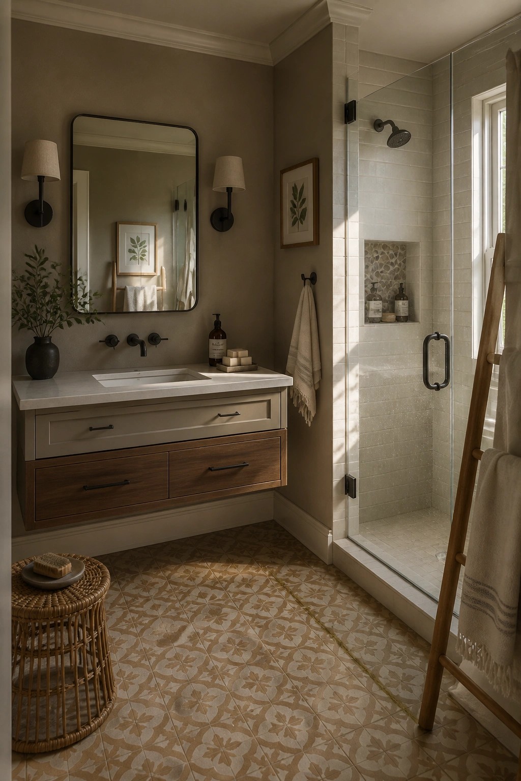 A bathroom with warm greige walls, a floating wood vanity, and patterned tile flooring.