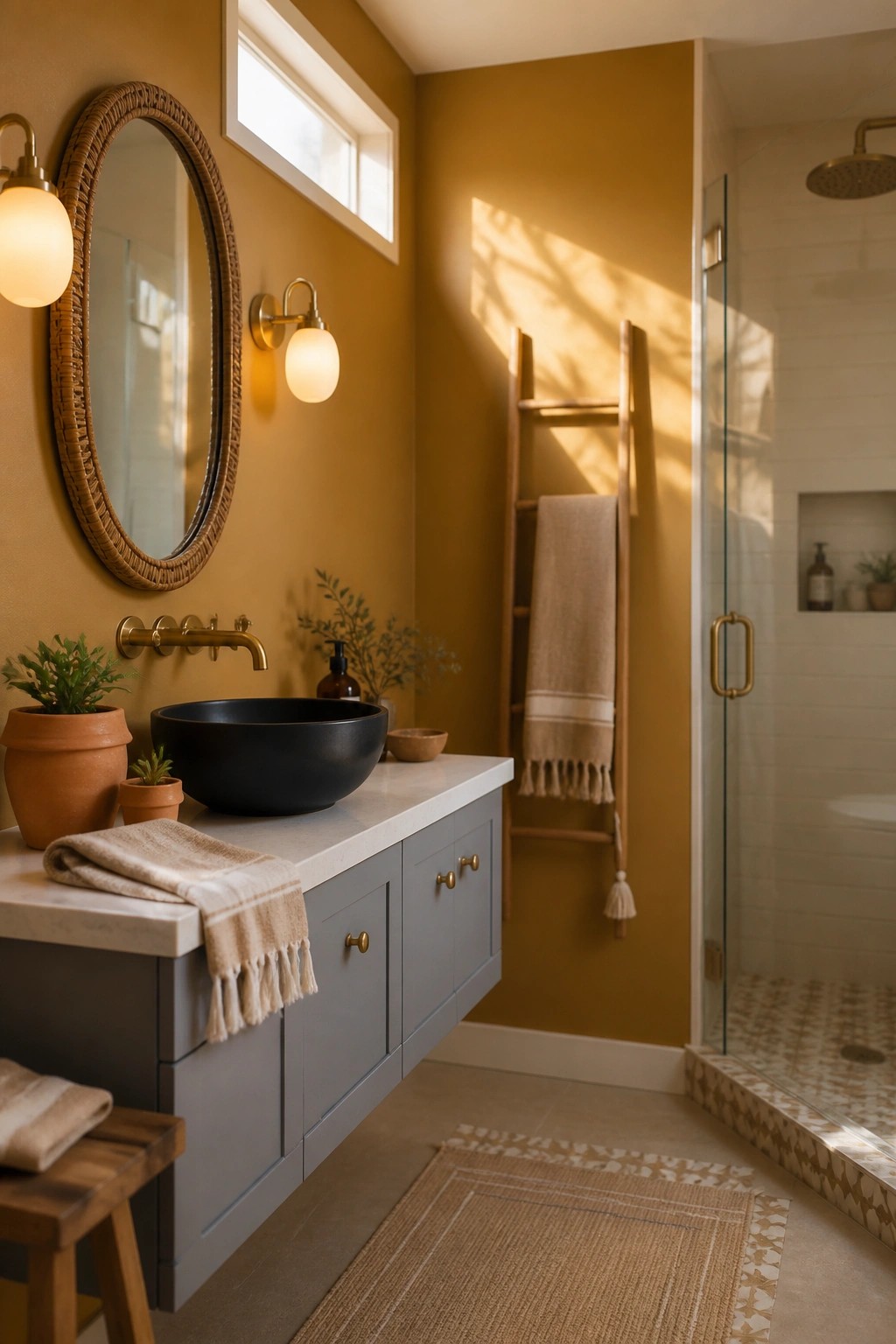 A bathroom with warm mustard yellow walls and a gray vanity.