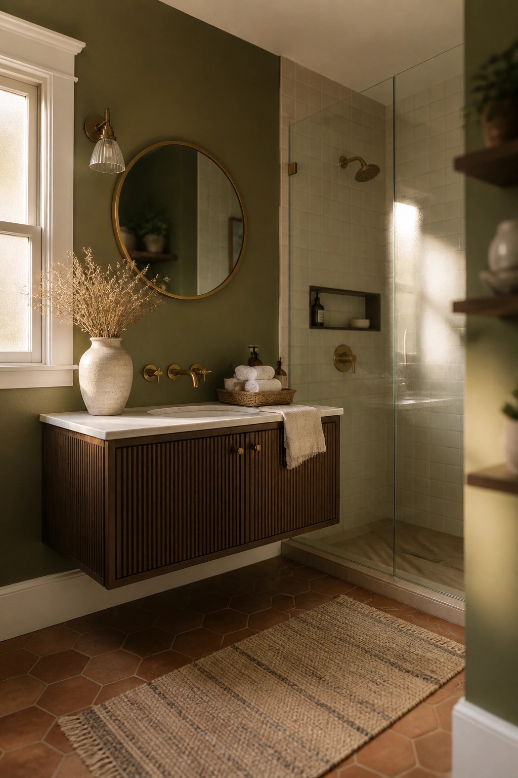 A bathroom featuring warm olive green walls with a floating wood vanity and round mirror.