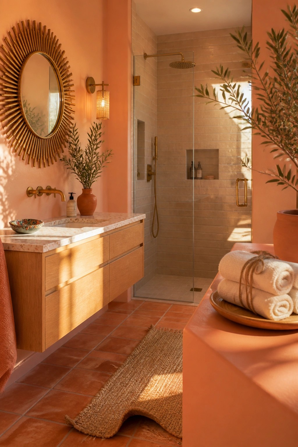 Warm peach walls in a bathroom with terracotta floor tiles and wood vanity.