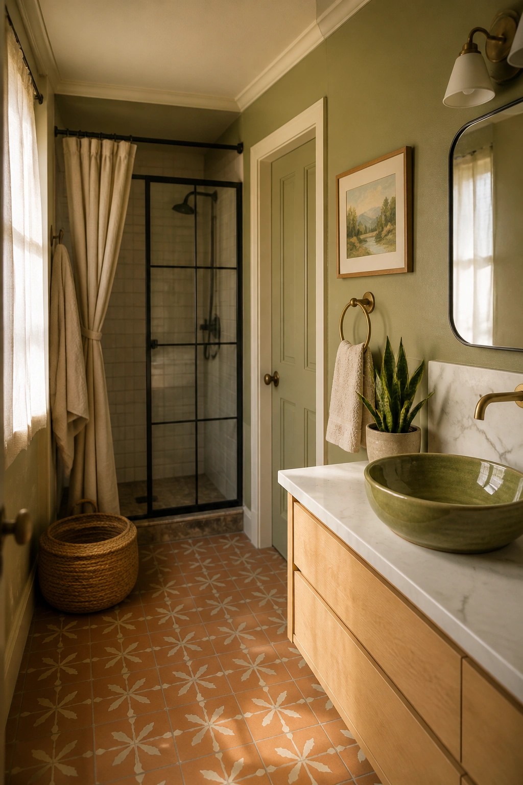 Bathroom walls painted in a soft sage green with a light wood vanity.
