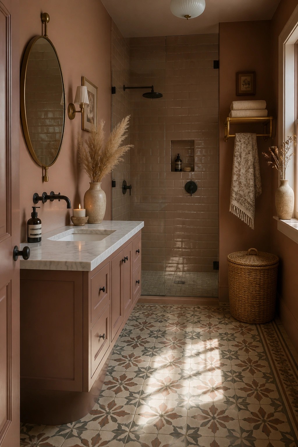 Bathroom walls painted in a warm terracotta pink color.