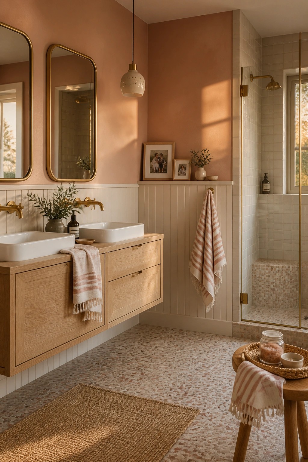 Bathroom walls painted in a warm terracotta shade above white beadboard.