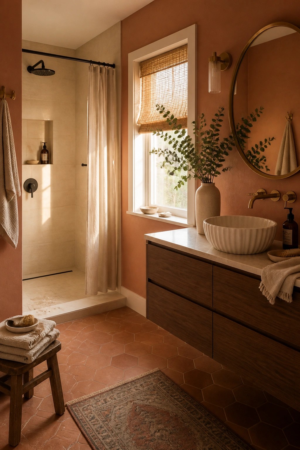 Terracotta bathroom with wooden vanity, white sink, round mirror, and shower.