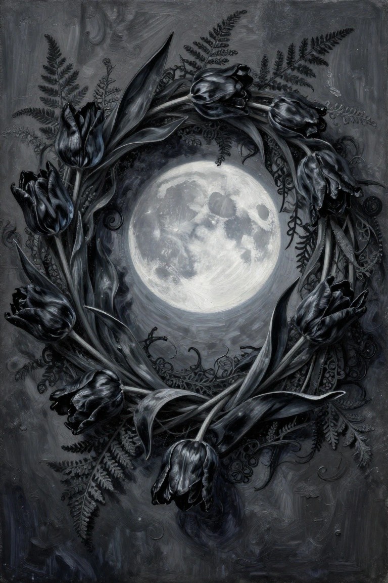 Black tulips and ferns encircling a glowing full moon in dark painting
