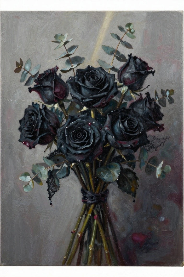 Oil painting of dark black roses with eucalyptus leaves in tied bouquet with droplets.