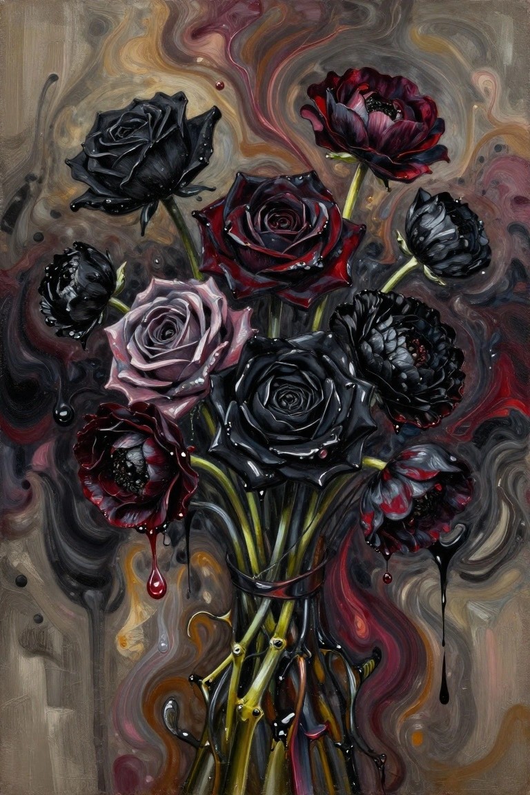 Dark roses and flowers dripping red liquid on swirling abstract background