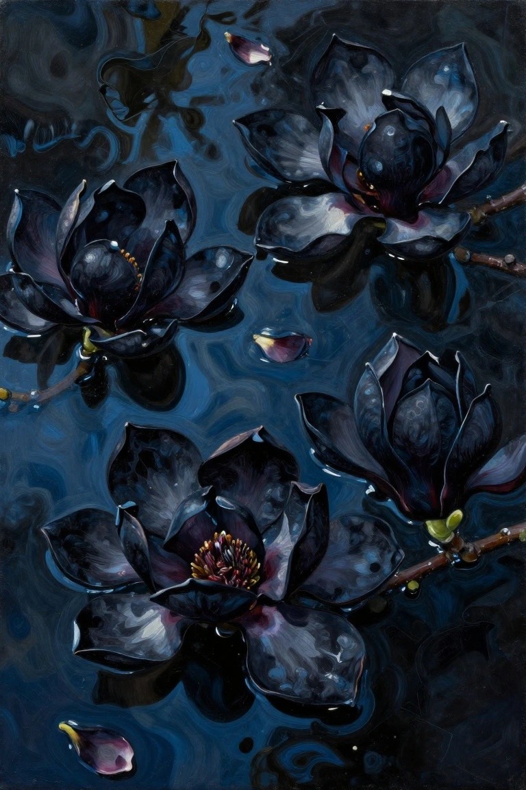 Dark magnolias floating on swirling deep blue water with scattered petals