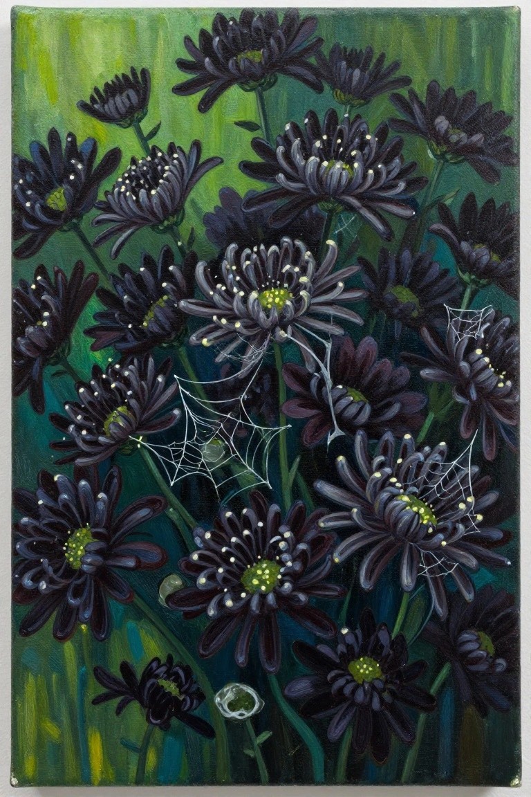 Dark purple chrysanthemums with spider webs on vibrant green background