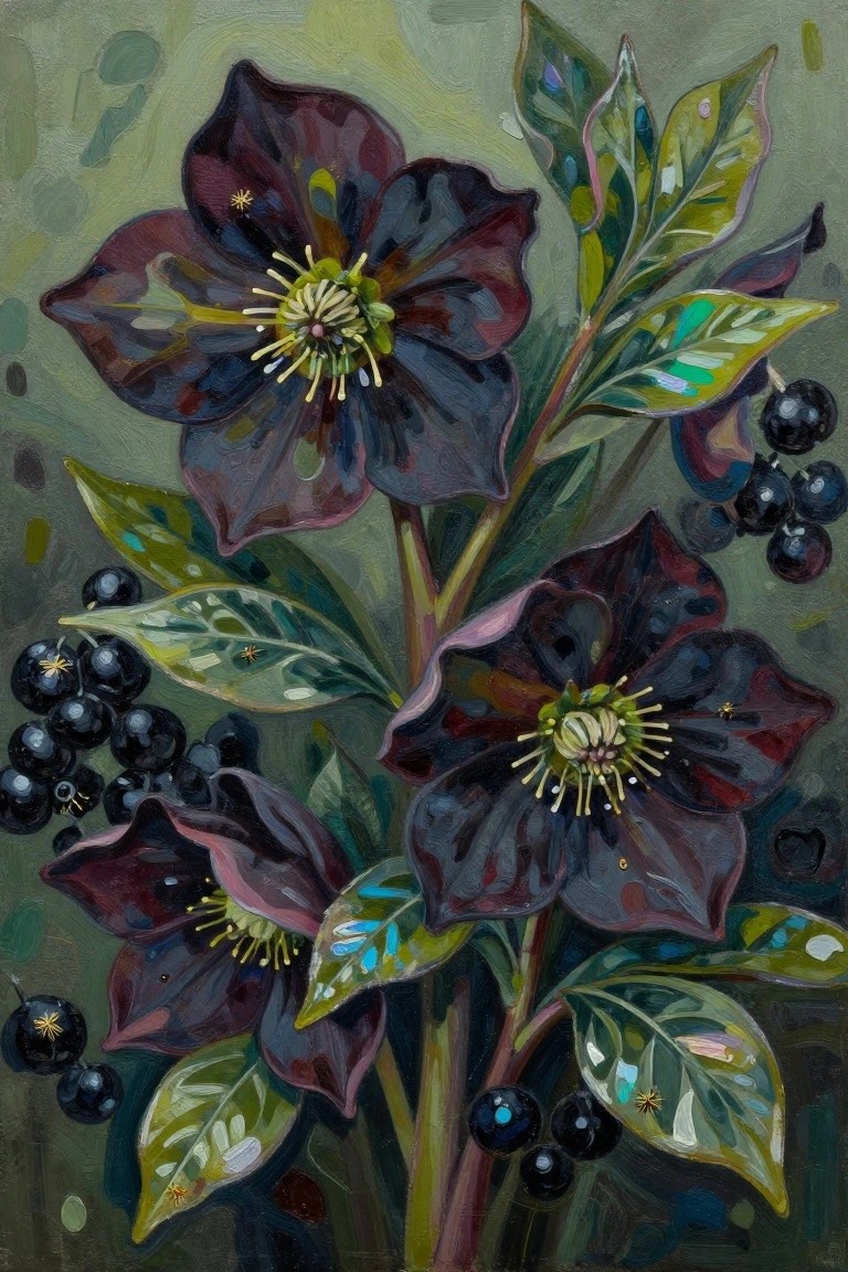 A painting of dark purple-black hellebore flowers with yellow centers, spotted green leaves, and clusters of black berries on a muted green background.