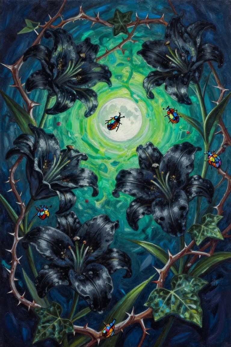 Surreal painting of black lilies, thorny vines, and colorful beetles around a glowing moon.