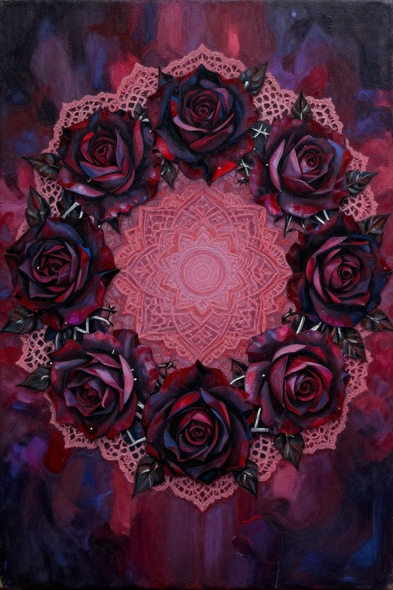 Circle of dark roses surrounds pink mandala with lace on abstract background