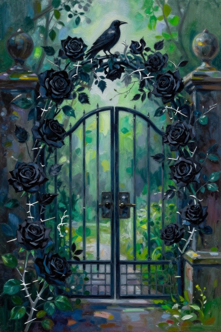 Black raven perches atop black roses over an arched wrought-iron gate