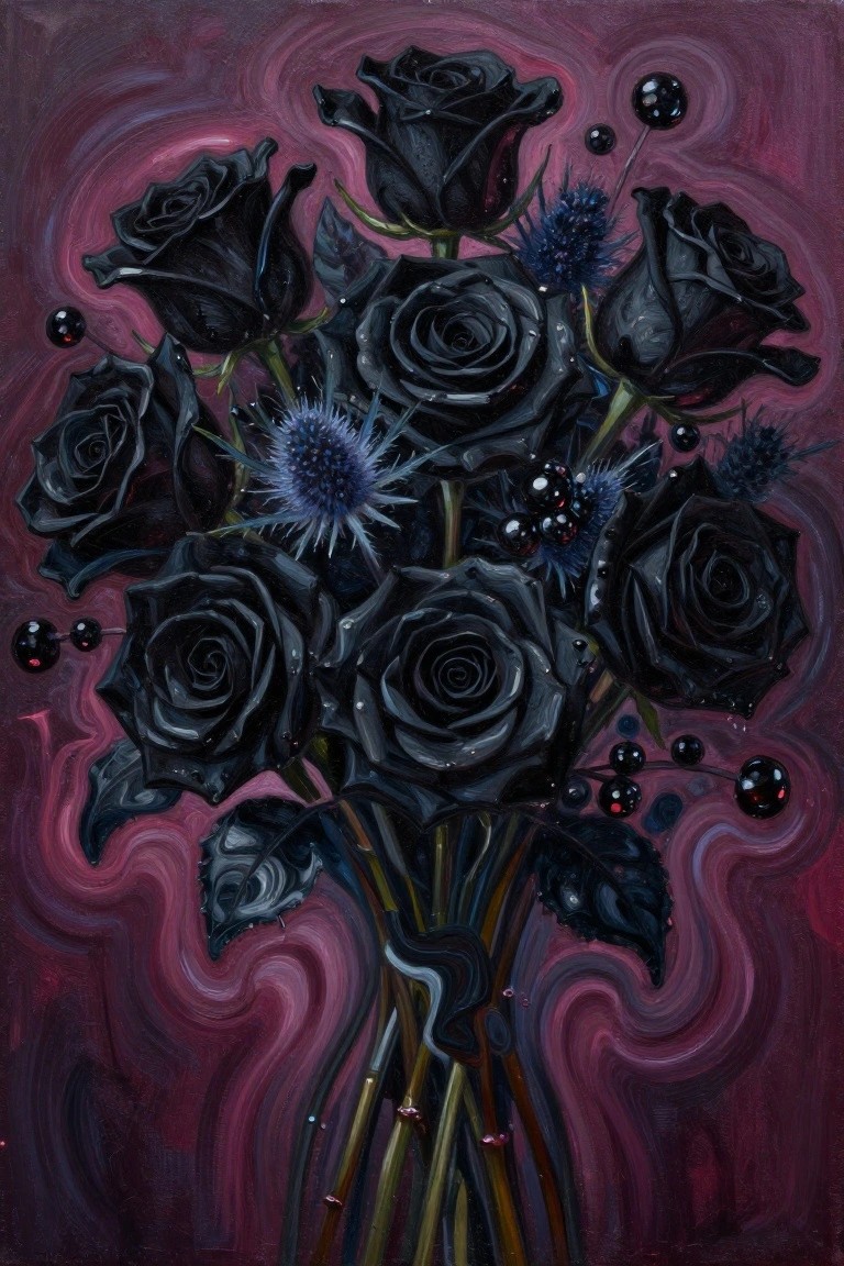 A painting of black roses with blue spiky flowers and black berries against a swirling purple and magenta background.