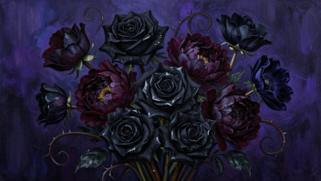 Black roses and dark purple blooms with thorny stems against deep blue background