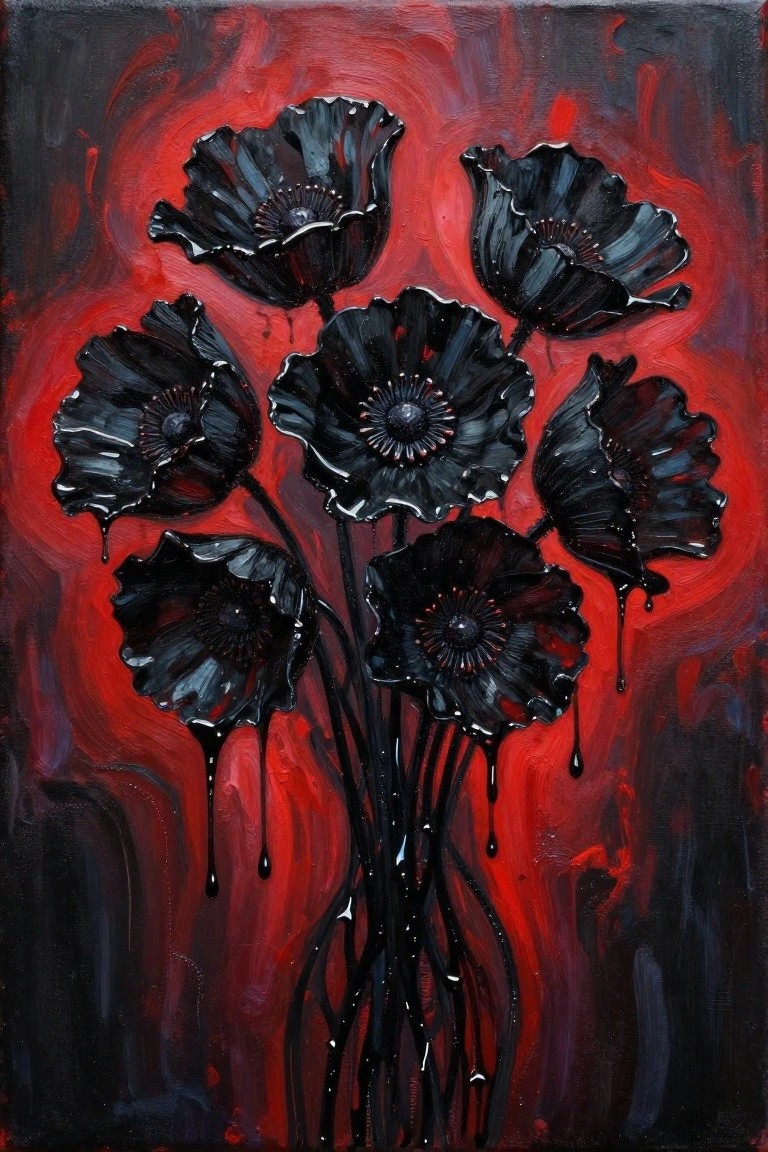 Glossy black poppies with dripping paint on swirling red abstract background