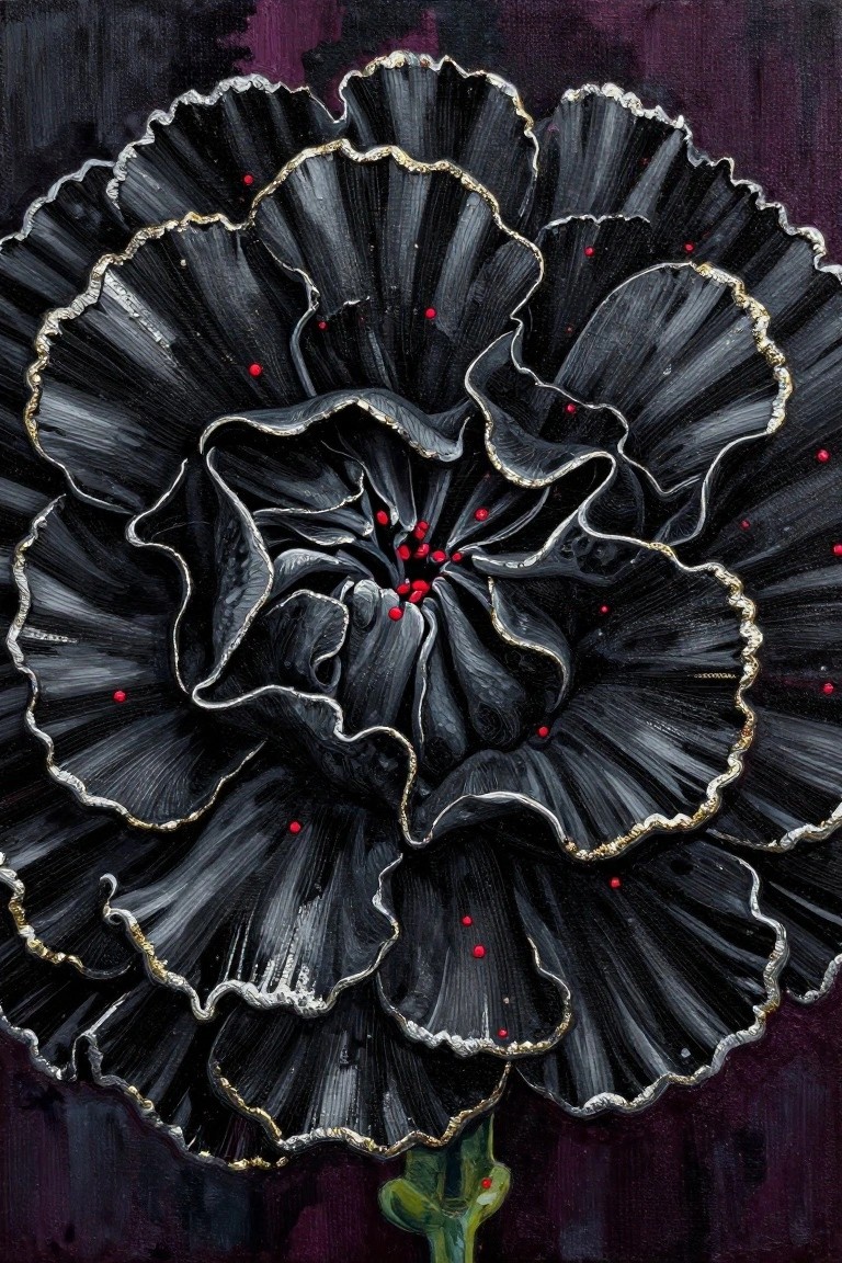 Large black flower with ruffled gold-edged petals and scattered red dots