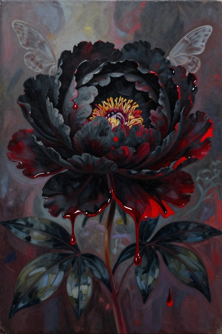 A painting of a large black flower with red drips, a yellow center, two white butterflies, and dark leaves on a moody background.