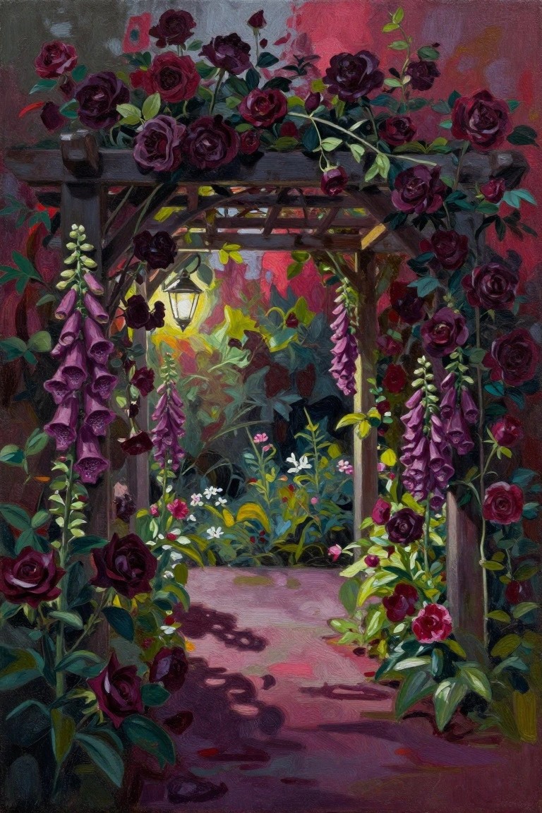 Dark roses and foxgloves frame a lantern-lit wooden garden arch over a winding path.