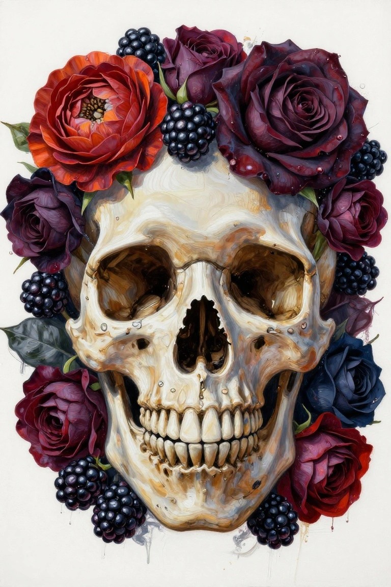 Skull adorned with red and purple roses, blackberries, and glistening water droplets