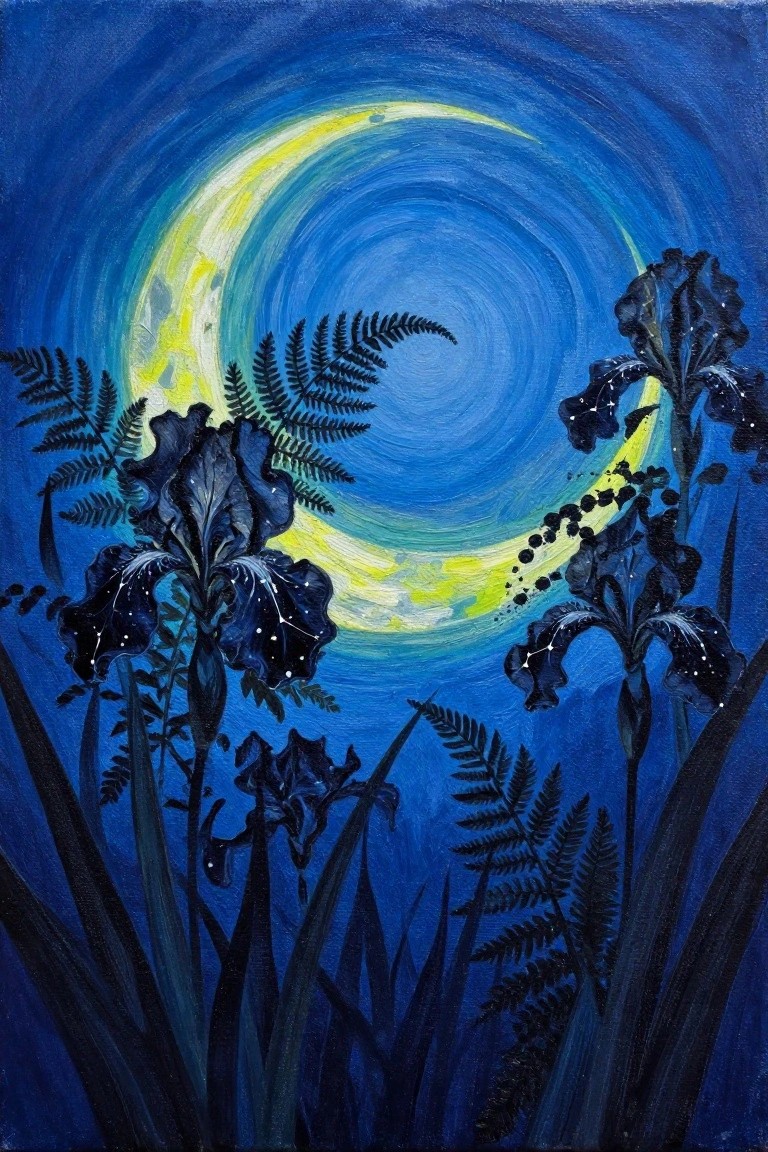 Dark irises and ferns silhouetted against swirling yellow moon in blue sky.