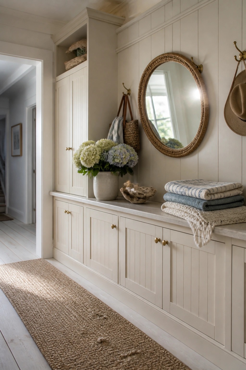 Built-in cabinets painted in a soft creamy white line a hallway wall.