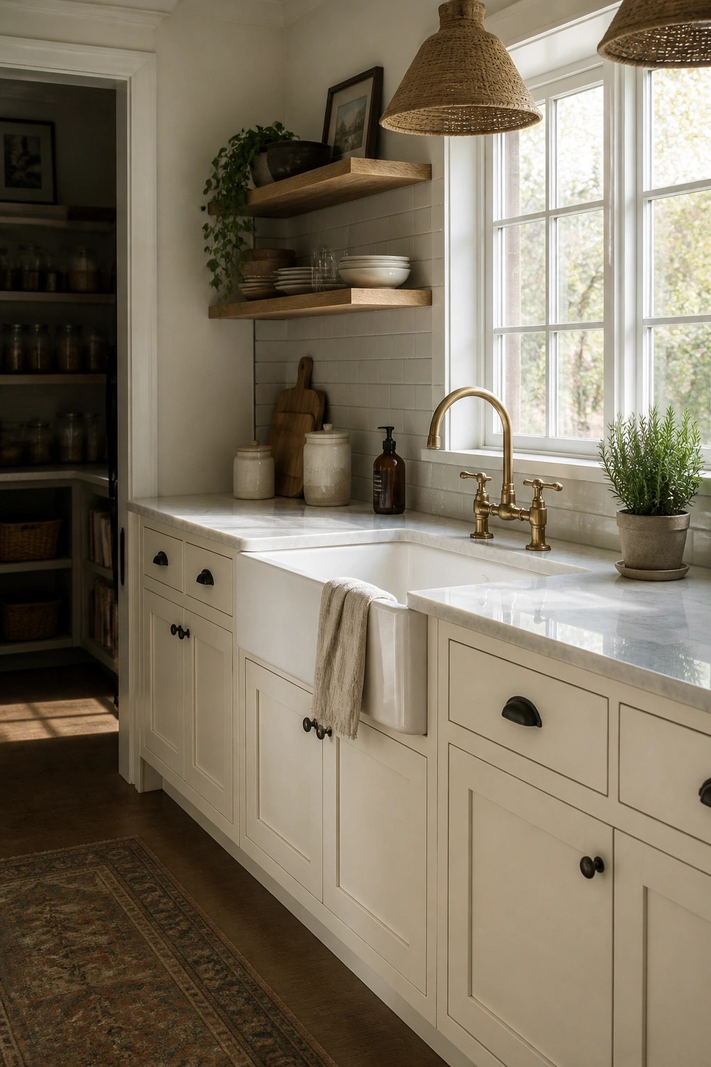 Creamy white kitchen cabinets with a soft warm tone.