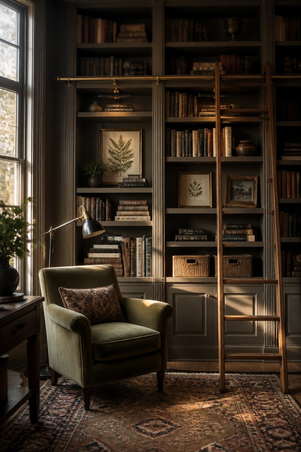Built in bookshelves painted in a dark gray green.