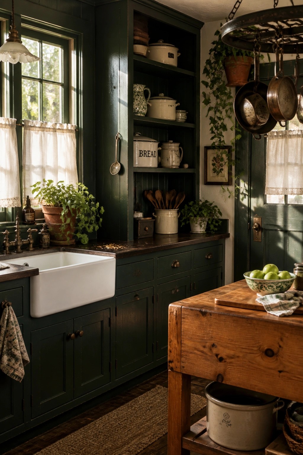 Dark green cabinets in a kitchen with a white sink and wooden island.