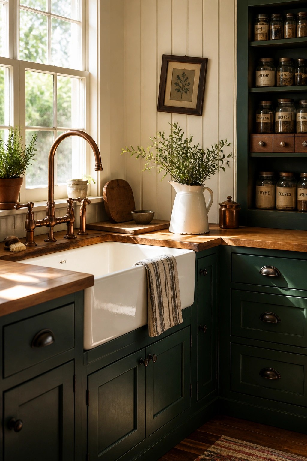 Sunlit kitchen with white farmhouse sink, copper faucet, green cabinets, and wooden counters