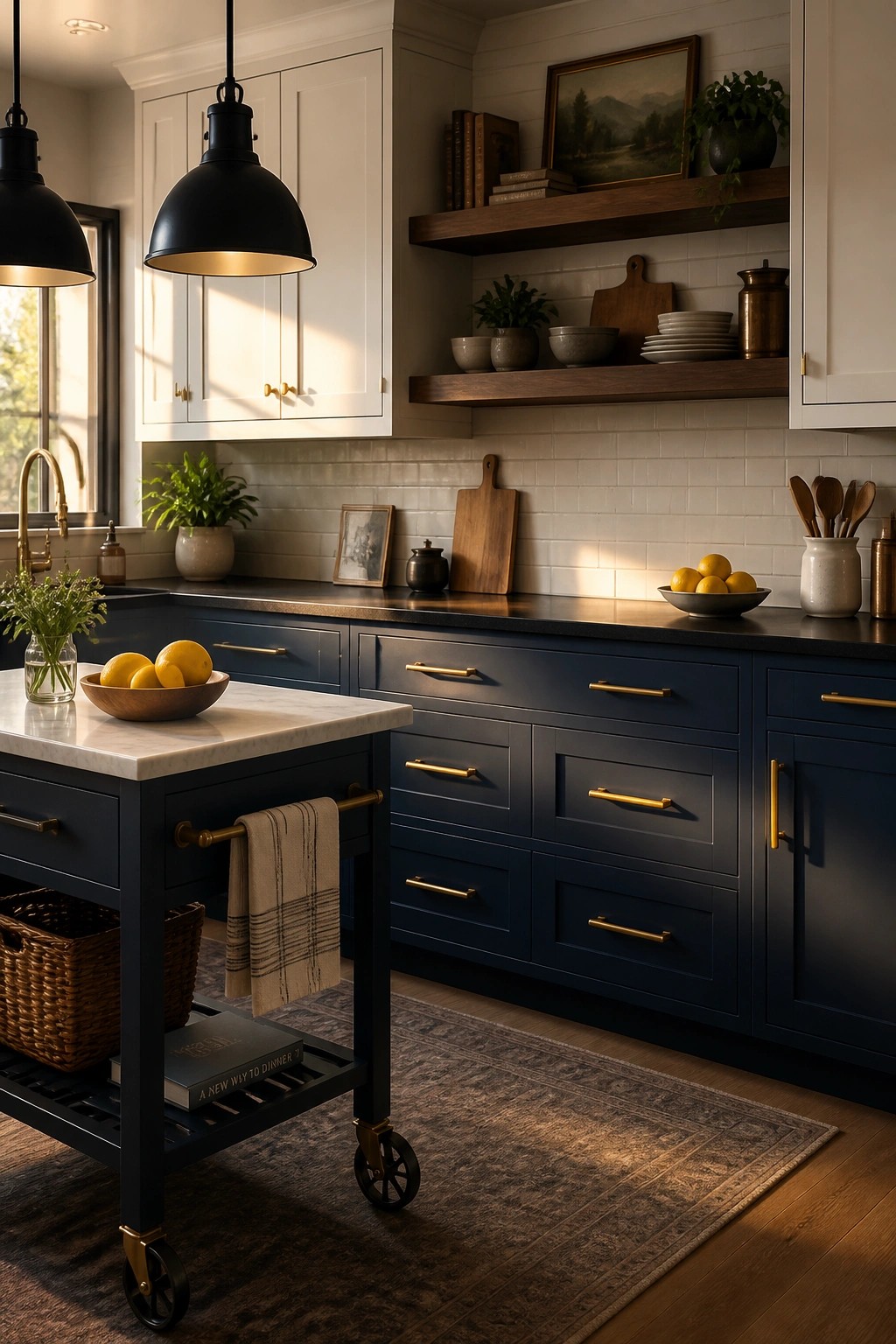 Modern kitchen with navy cabinets, marble island, pendant lights, and wooden shelves