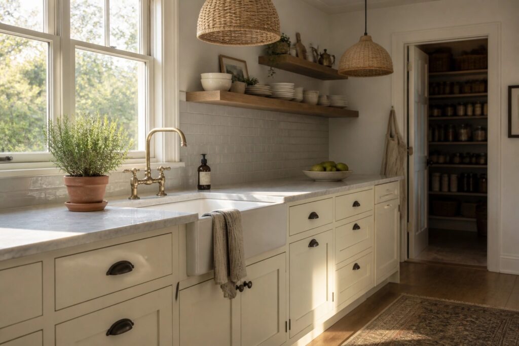 20 Refined Cabinet Paint Colors for Kitchens, Bathrooms, and Built In Storage Creamy white kitchen cabinets with a soft warm tone.