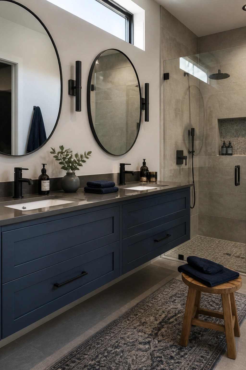 Bathroom vanity with deep navy blue cabinets under round mirrors.