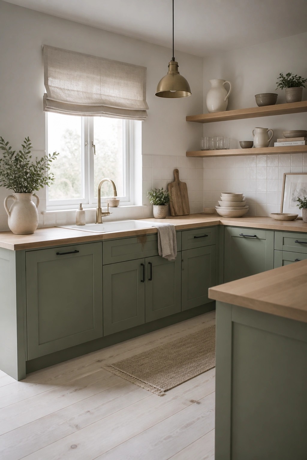 Sage green kitchen with wooden counters, open shelves, brass pendant light, and linen shade