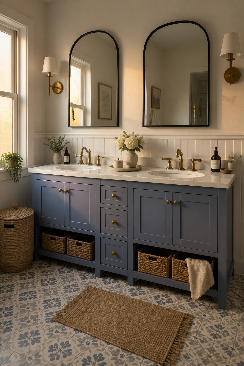 Blue gray painted vanity cabinets in a bathroom with marble counters and brass fixtures.