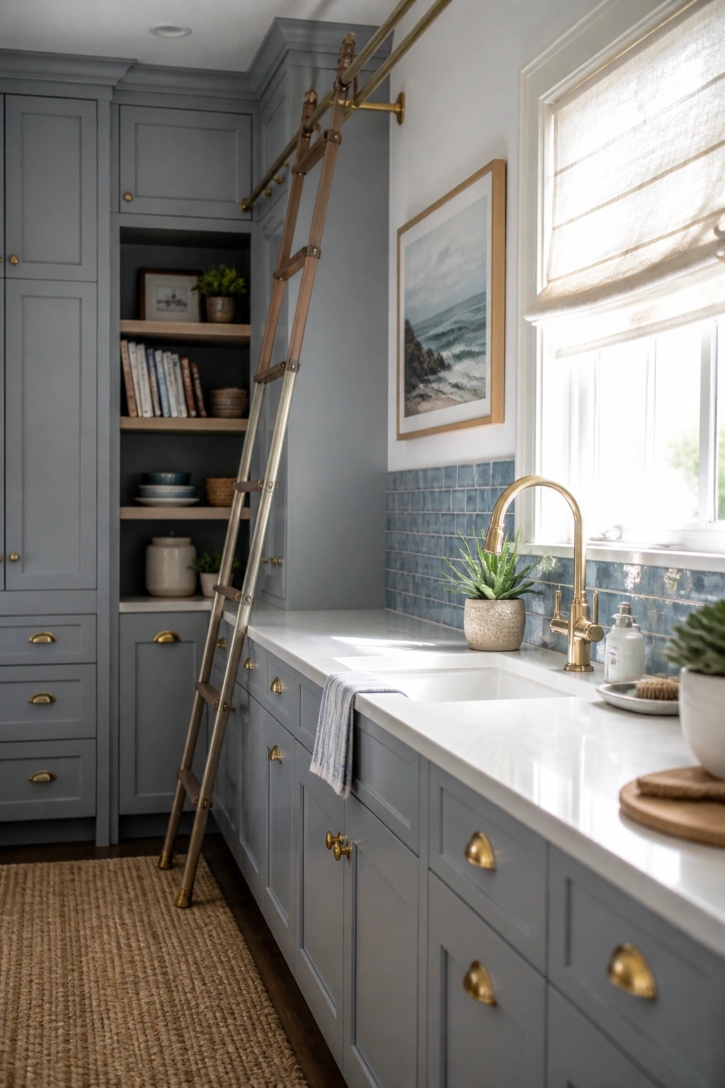 Gray blue kitchen cabinets with brass hardware and a white countertop.