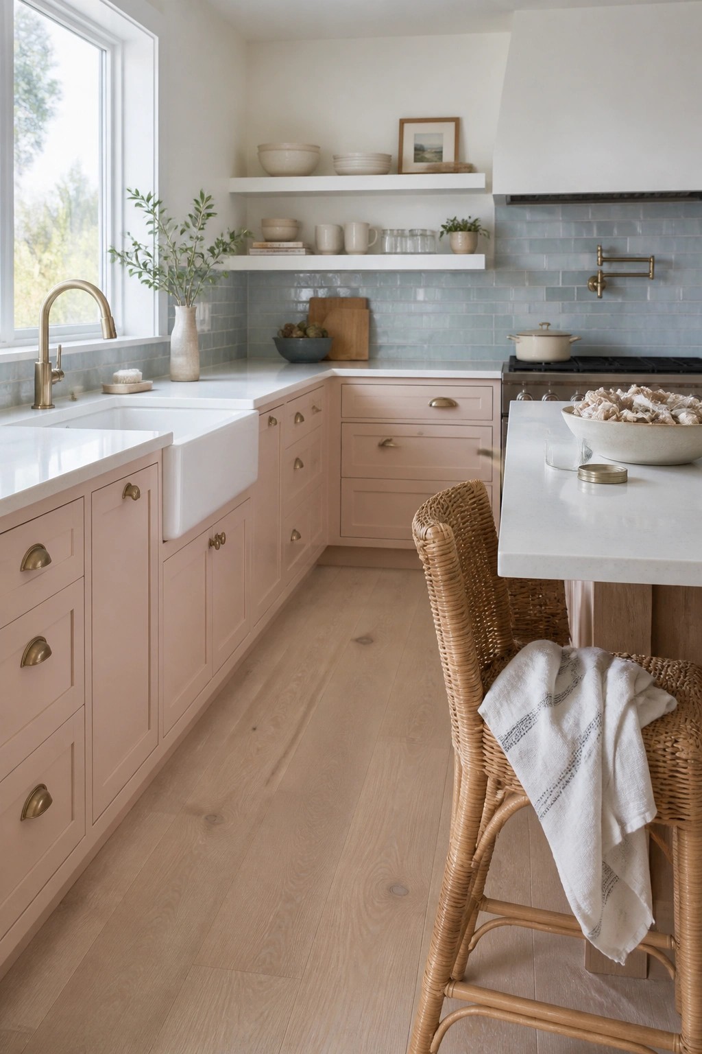 Kitchen with soft blush pink cabinets, white countertops, and light wood flooring.