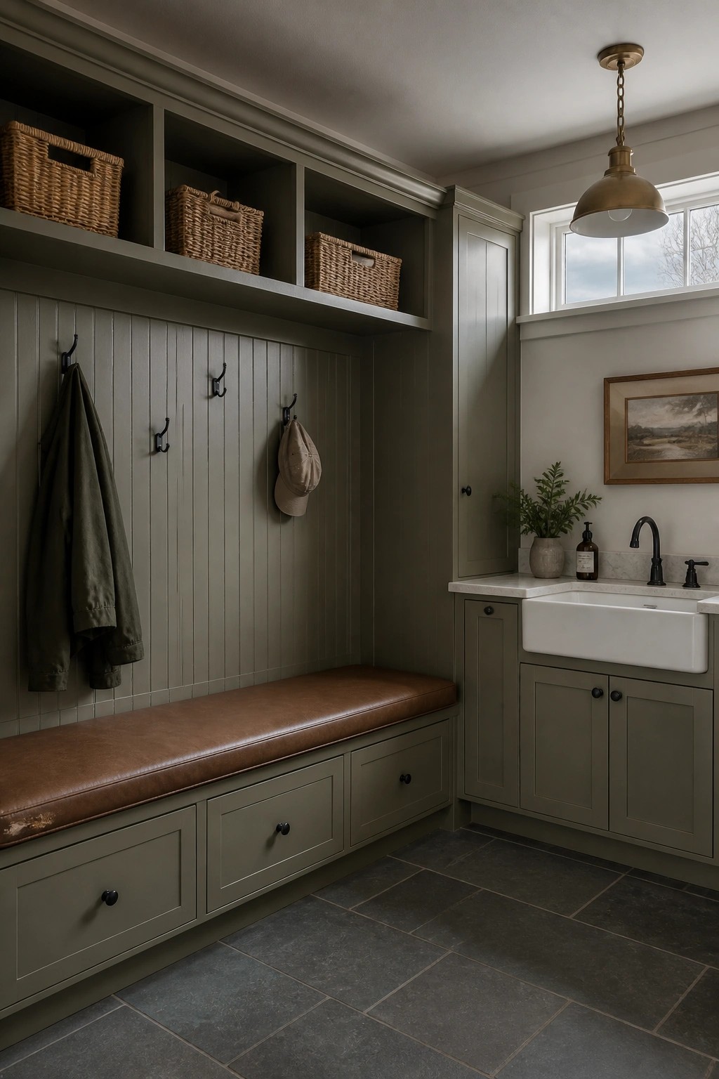 Built-in storage cabinets painted in a muted sage green.