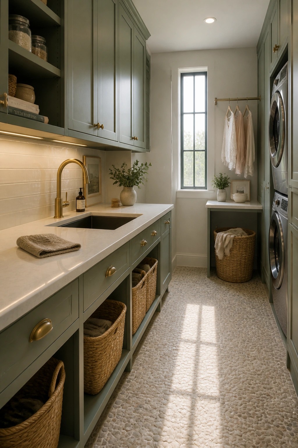 Sage green cabinets run along a laundry room with open shelving and woven baskets stored below.