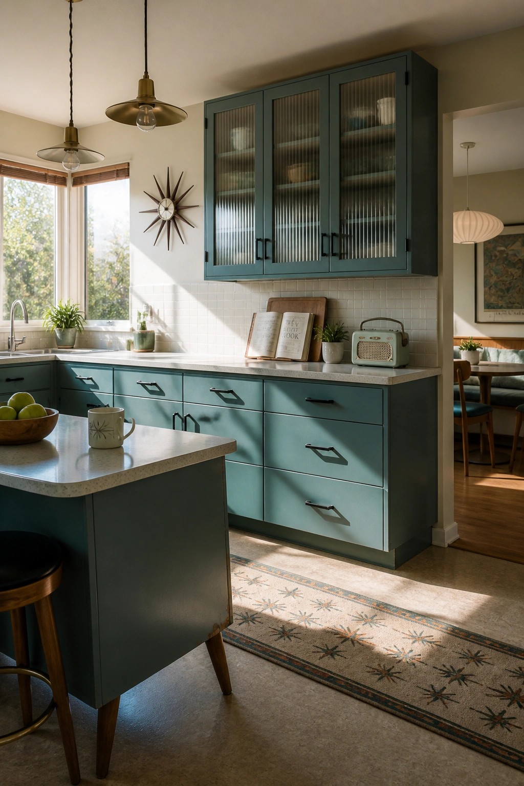 Teal painted kitchen cabinets with a white countertop and a patterned runner on the floor.