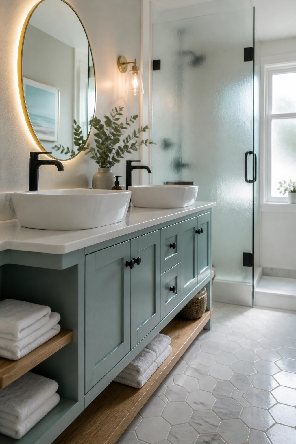 Bathroom vanity cabinets painted in a soft teal green.