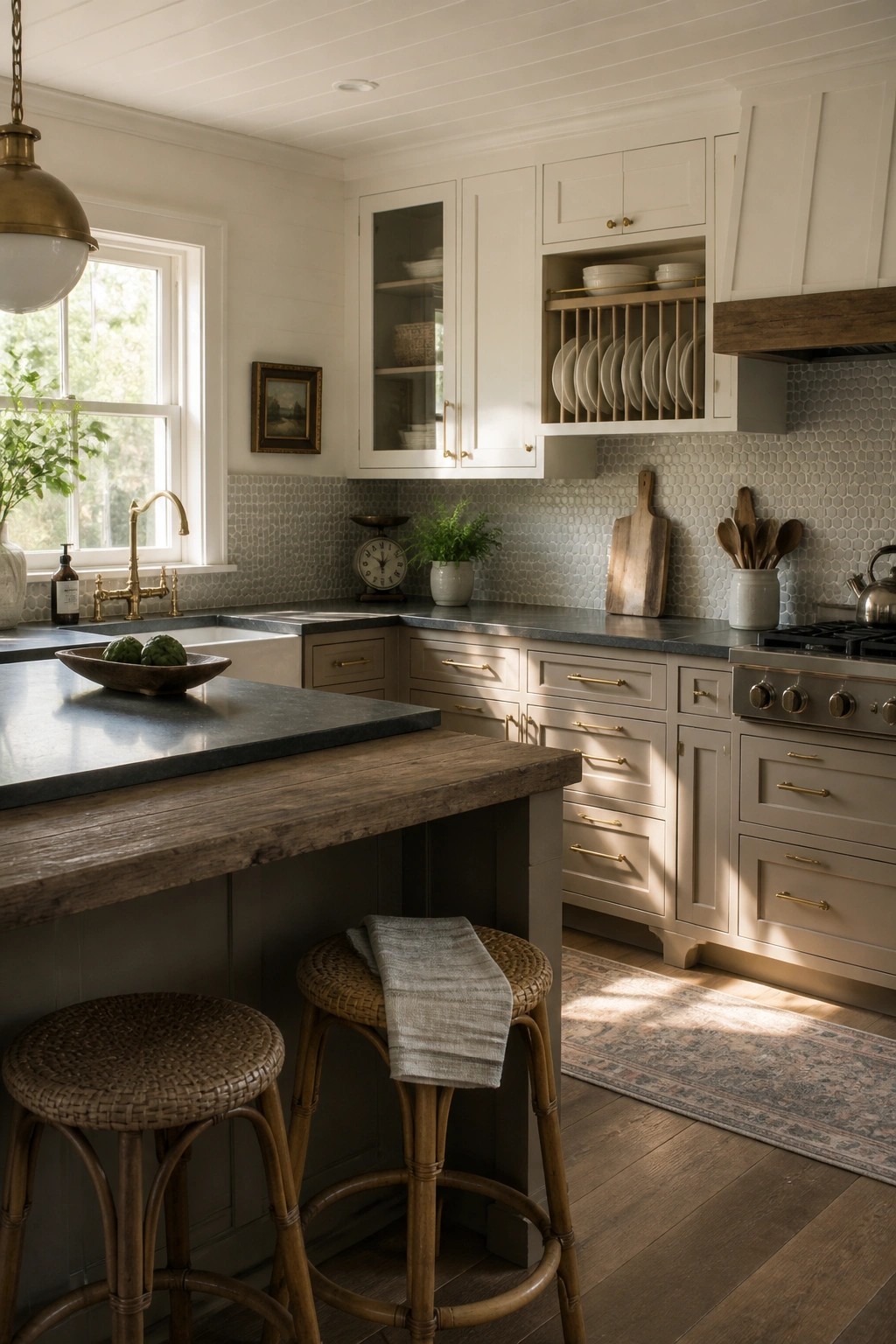 Light greige cabinets in a kitchen with dark counters and wood accents.